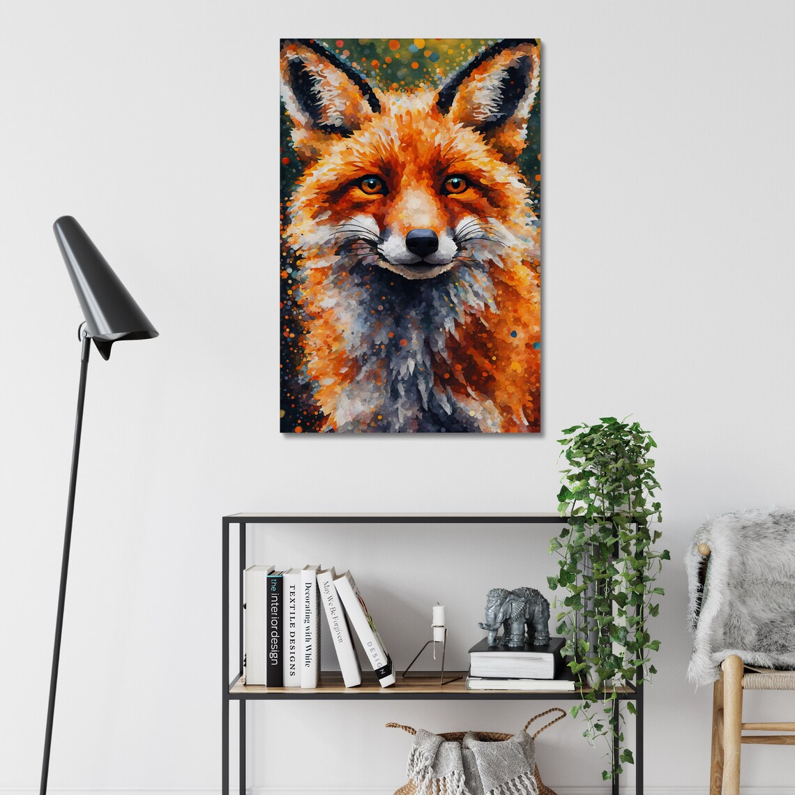 Red Fox Portrait Speckled Mosaic Green Background Wildlife Art Wall Print - Image 4