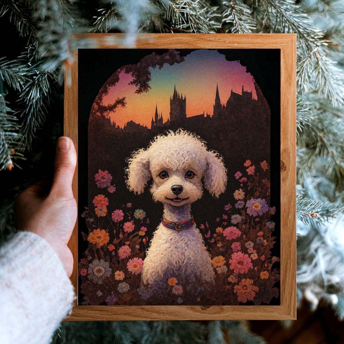 White Toy Poodle Flower Garden Fairytale Castle Dog Portrait Poster