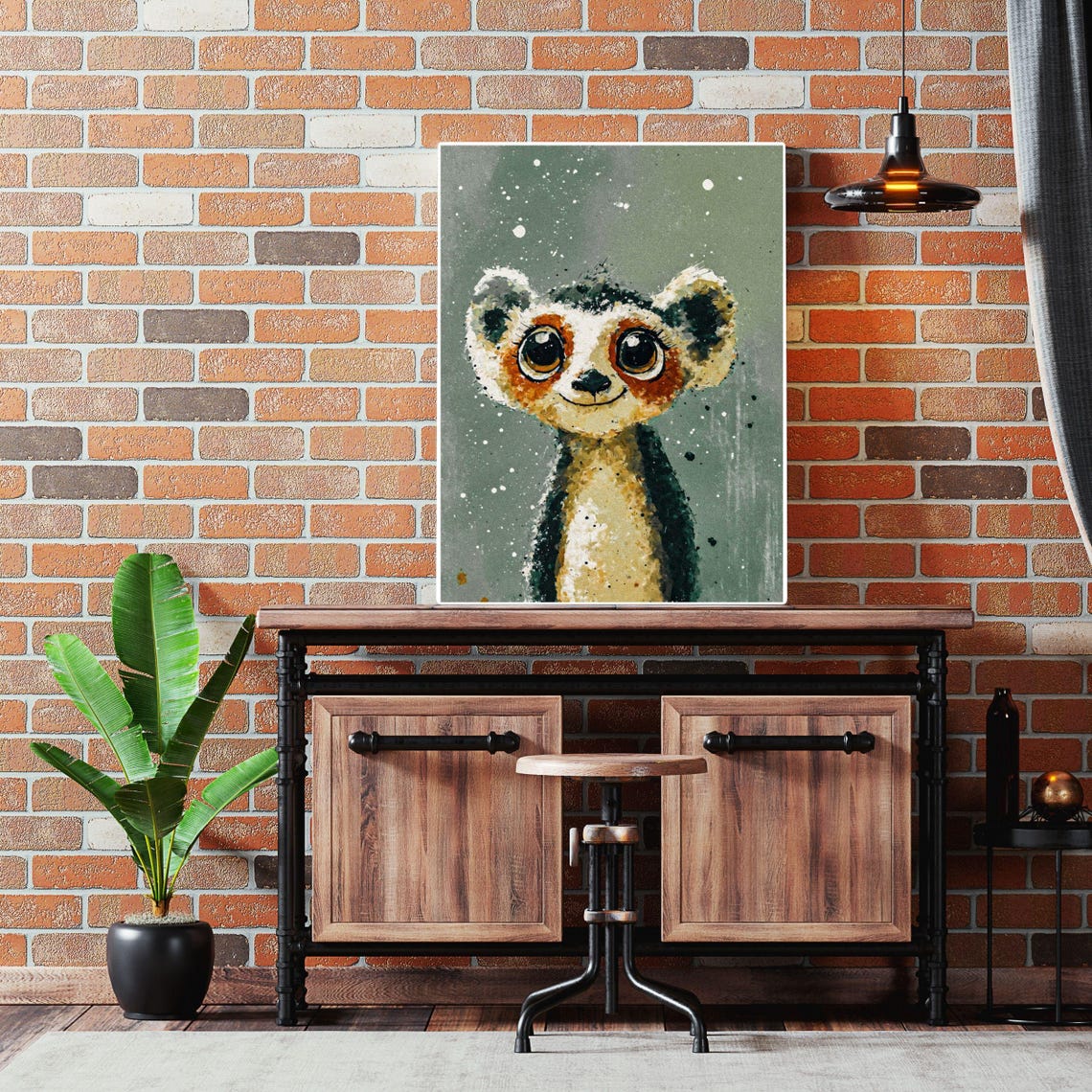 Cute Baby Lemur Gray Splatter Nursery Animal Painting Wall Art