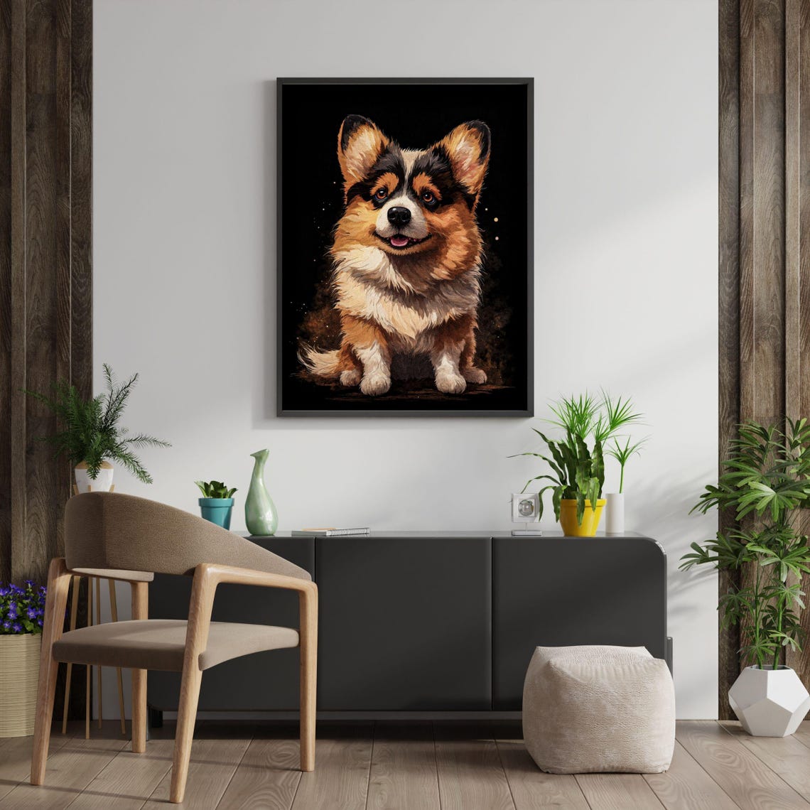 Smiling Tri Color Welsh Corgi Black Background Dog Portrait Poster - Image 5
