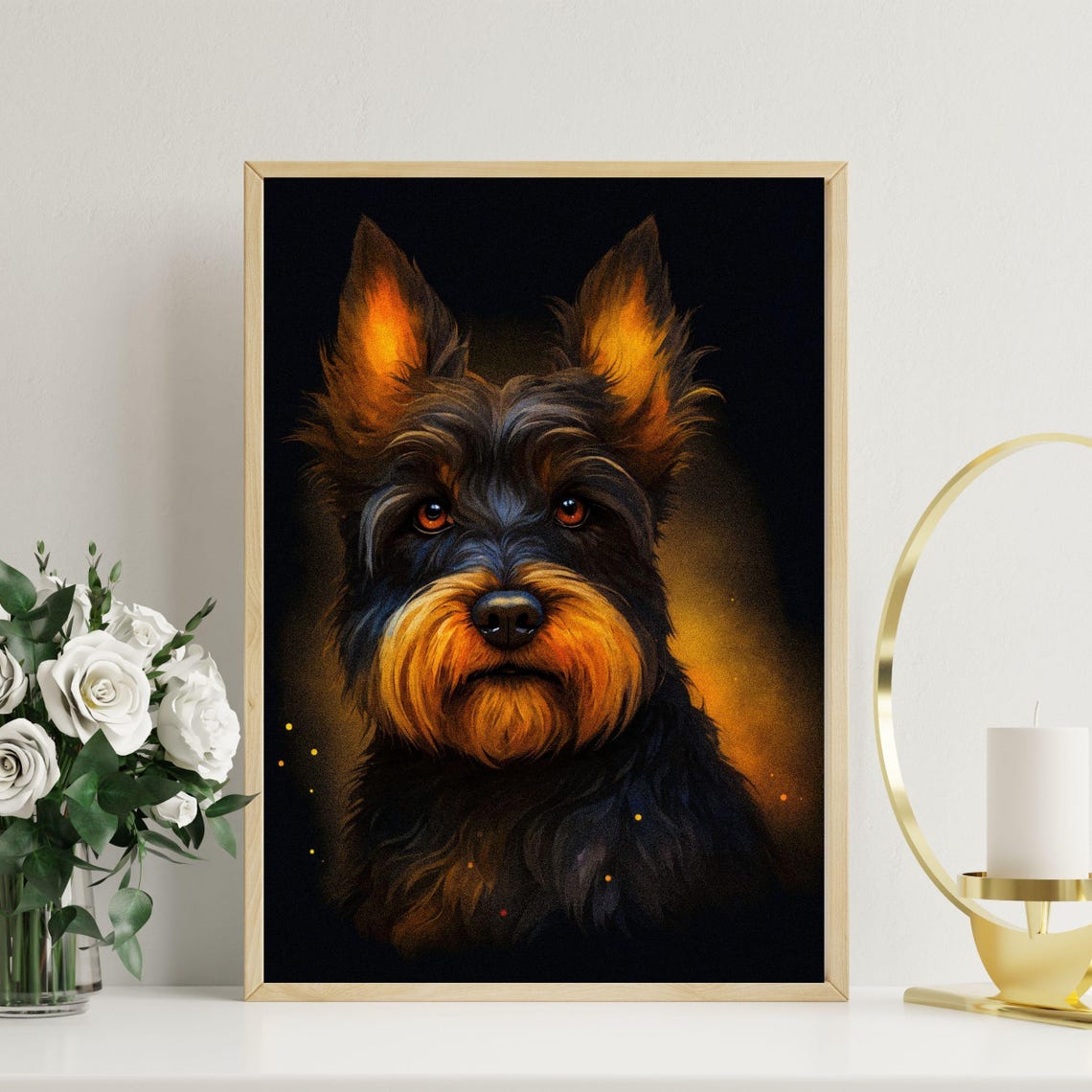 Scottish Terrier Puppy Golden Black Dramatic Dog Portrait Art Poster