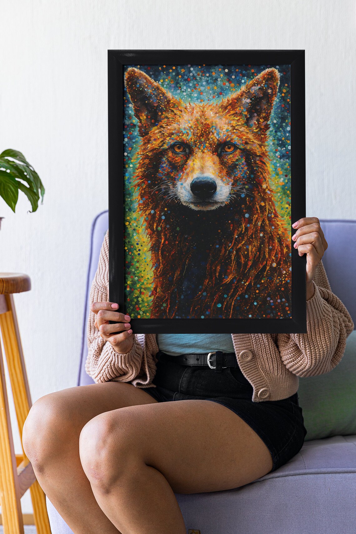 Red Fox Front Portrait Teal Background Pointillism Wildlife Wall Poster - Image 2