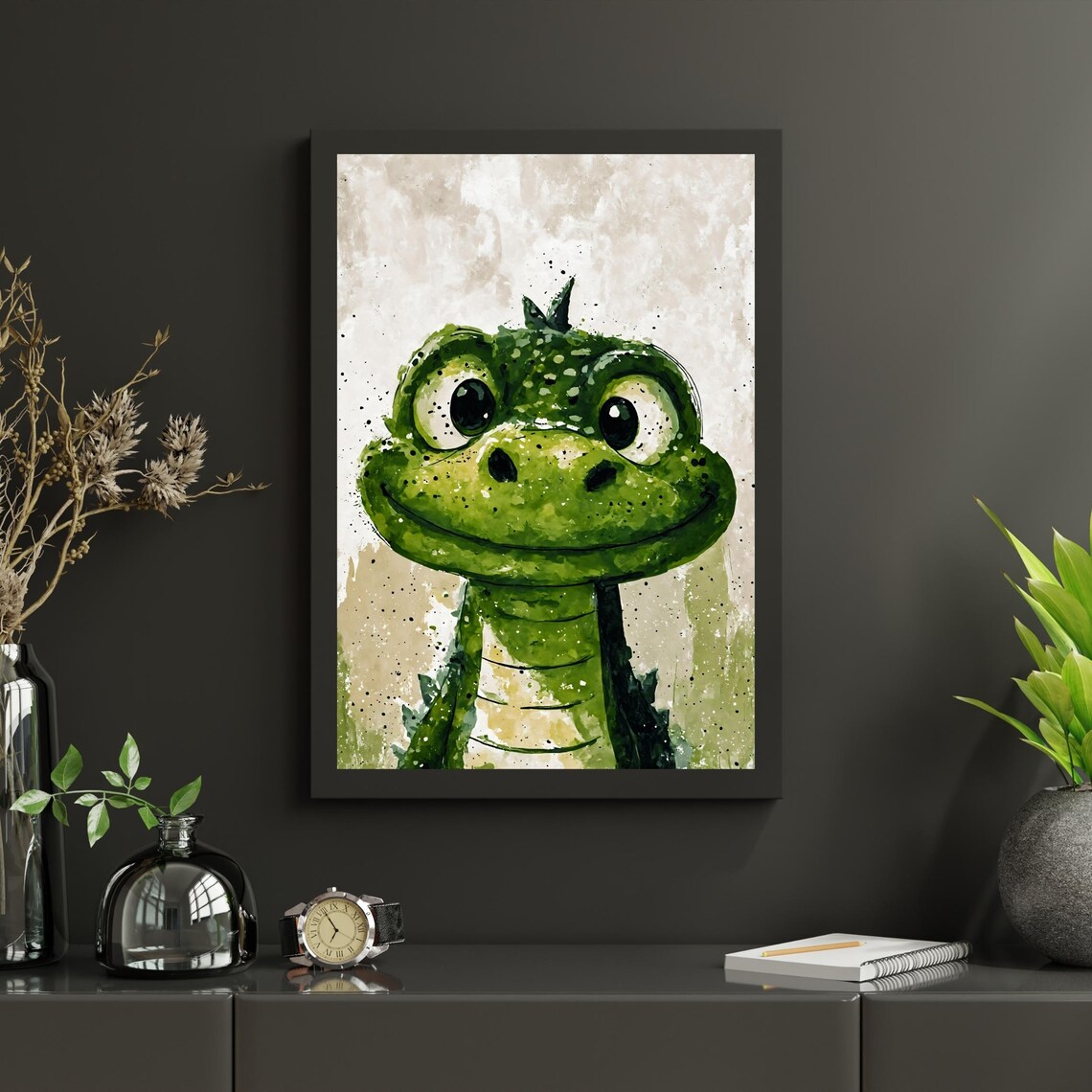 Cute Baby Alligator Watercolor Portrait Smiling Green Reptile Art Print - Image 3