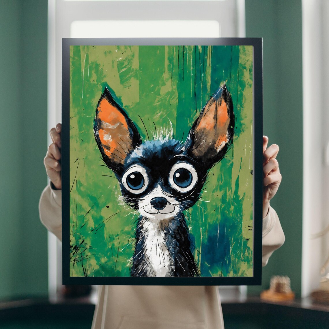 Fun Black Chihuahua Art Print Big Eyed Dog Portrait Tiny Dog Breed Art Kids Room Decor Nursery Wall Art Dog Mom Gift 8x10 24x36