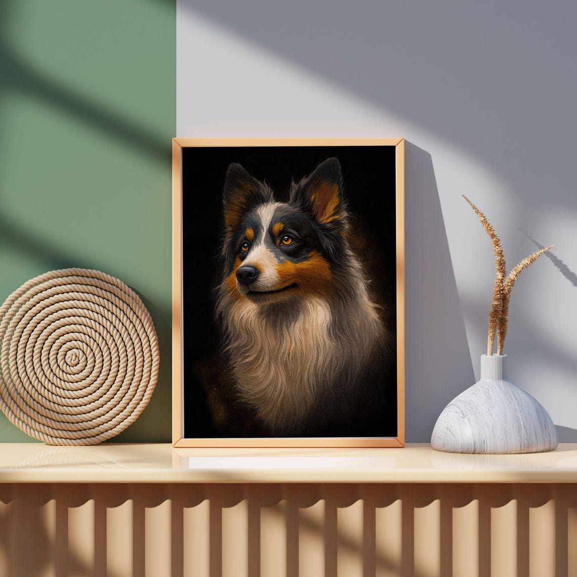 Tri Color Australian Shepherd Portrait Black Background Wall Art - Image 4