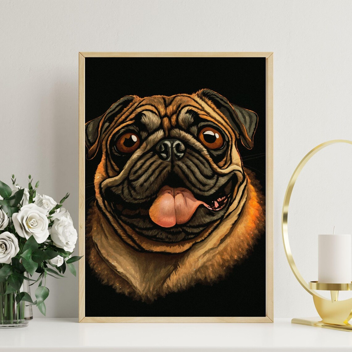 Goofy Happy Pug Tongue Out Black Background Dog Portrait Poster - Image 5
