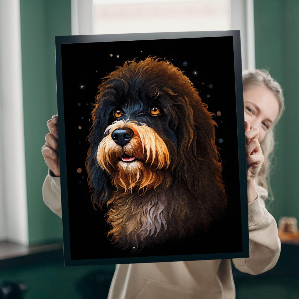 Portuguese Water Dog Portrait Print Dog Wall Decor Portie Pet Memorial Gift Black Curly Haired Dog Painting Nursery Decor Dog Mom Gift