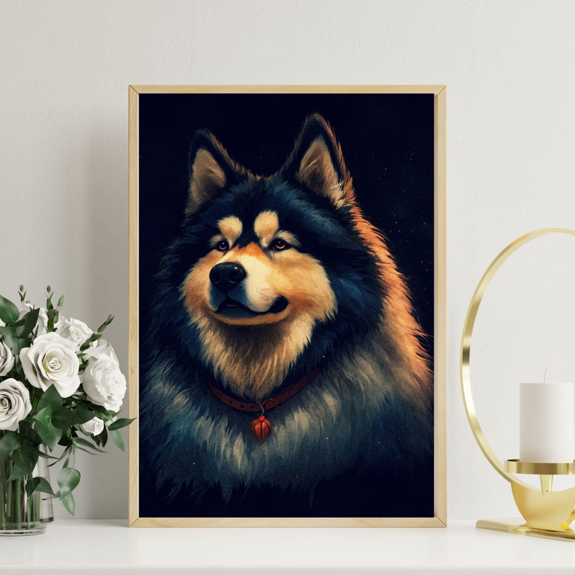 Alaskan Malamute Nordic Sled Dog Red Collar Dramatic Portrait Poster