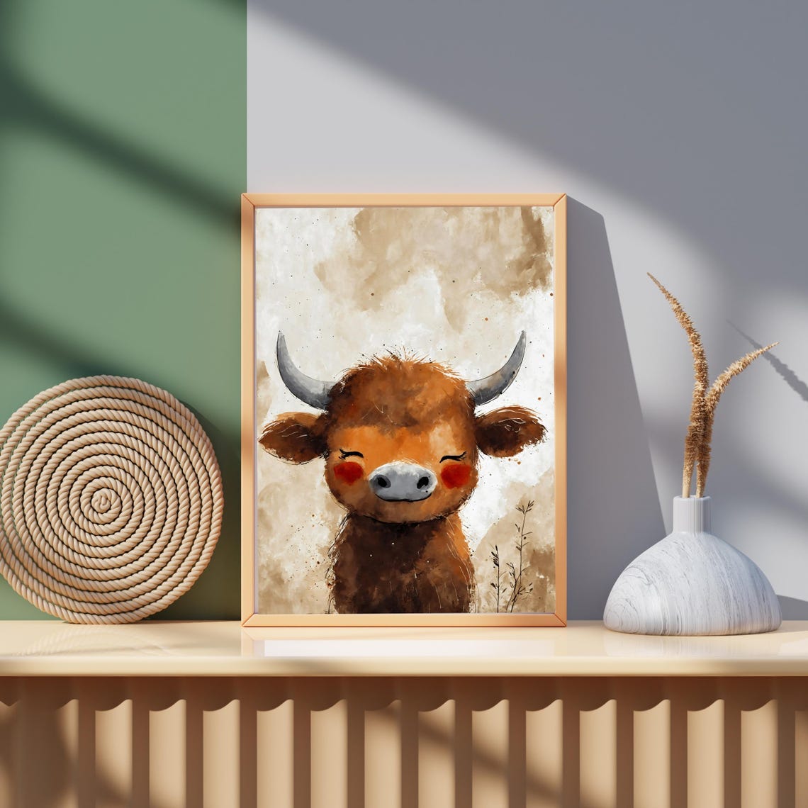Cute Brown Baby Highland Cow Watercolor Portrait Farm Nursery Poster - Image 2