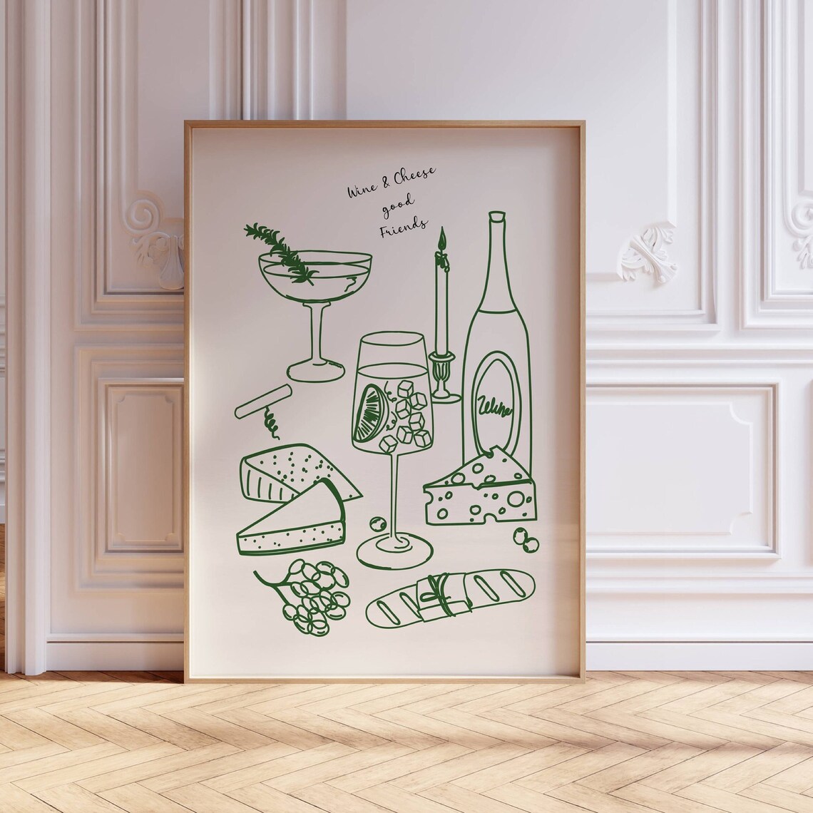 Green Wine And Cheese Kitchen Decor Art Print - Image 3
