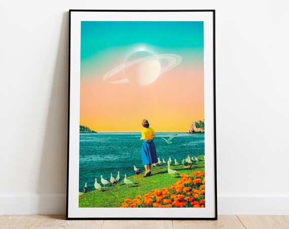 Woman Feeding Seagulls Beneath Giant Ringed Planet Sunset Poster