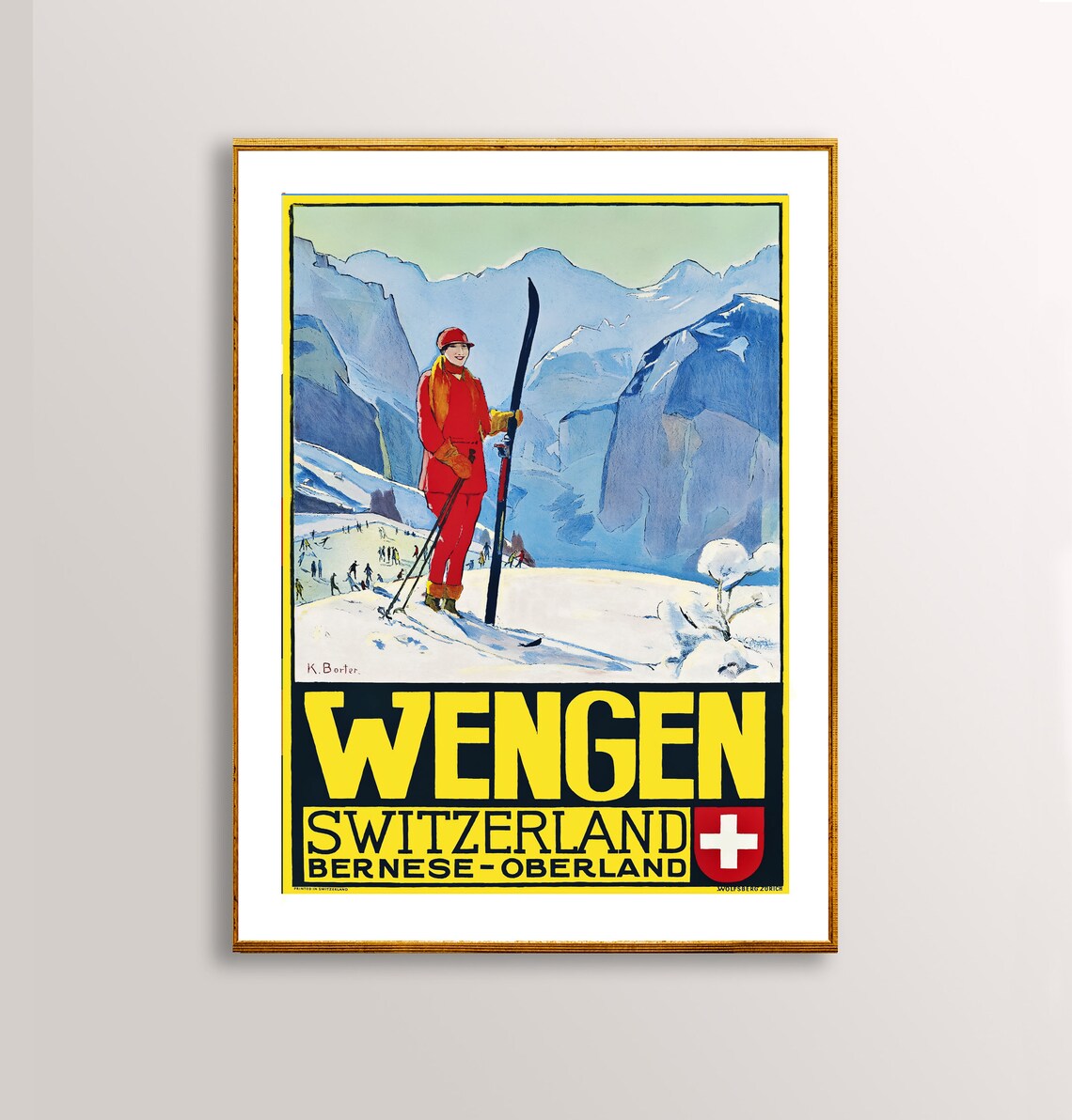 Wengen Switzerland Bernese Oberland Vintage Ski Travel Poster