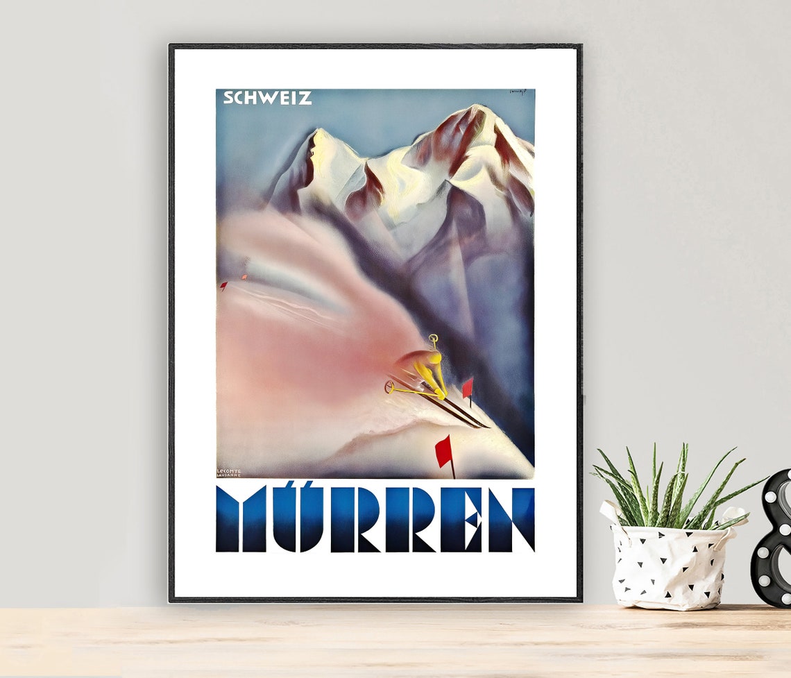 Murren Schweiz Vintage Ski Poster Alpine Racer Retro Swiss Art Decor