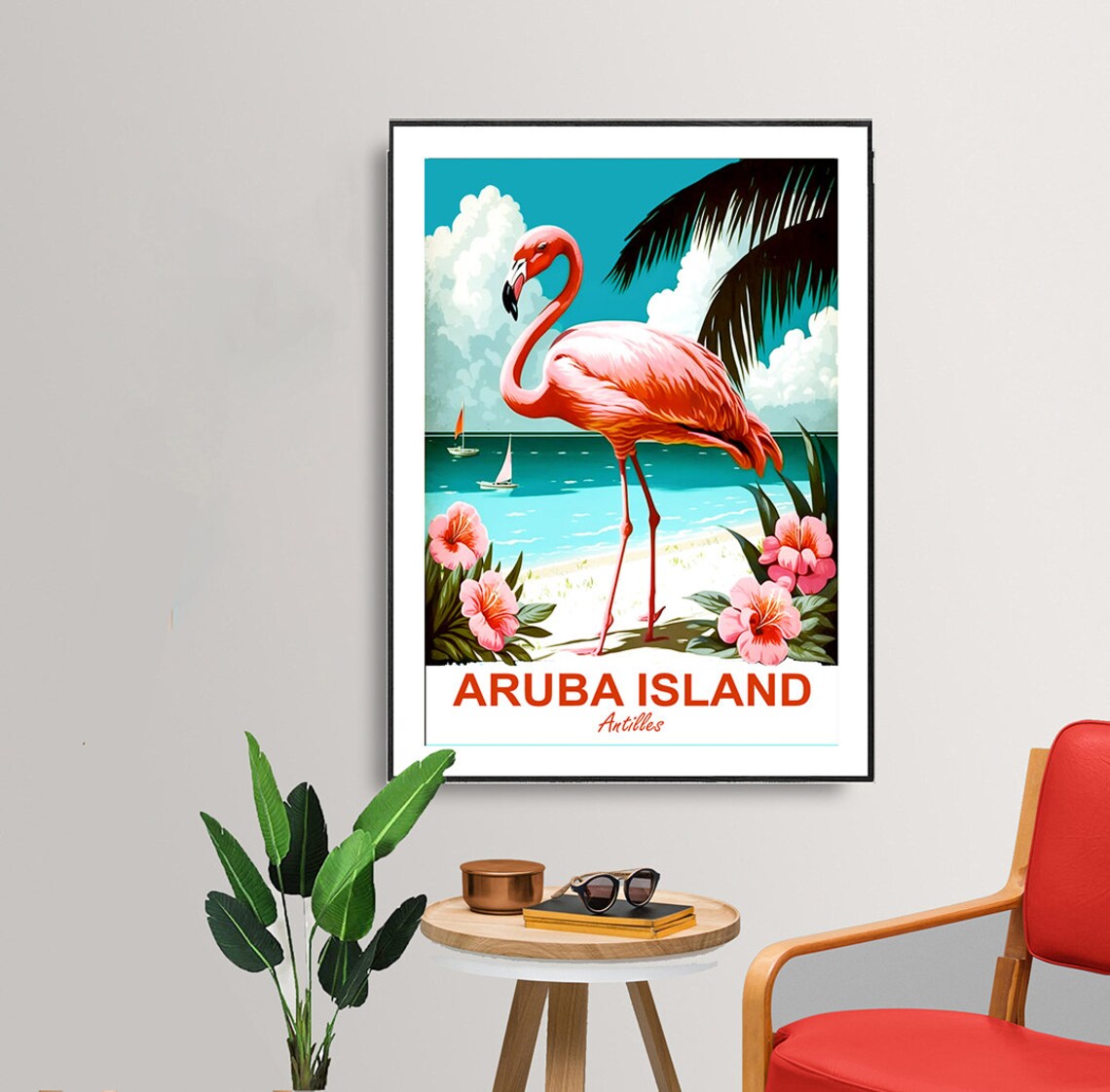 Aruba Island Flamingo Beach Hibiscus Vintage Caribbean Travel Poster - Image 3