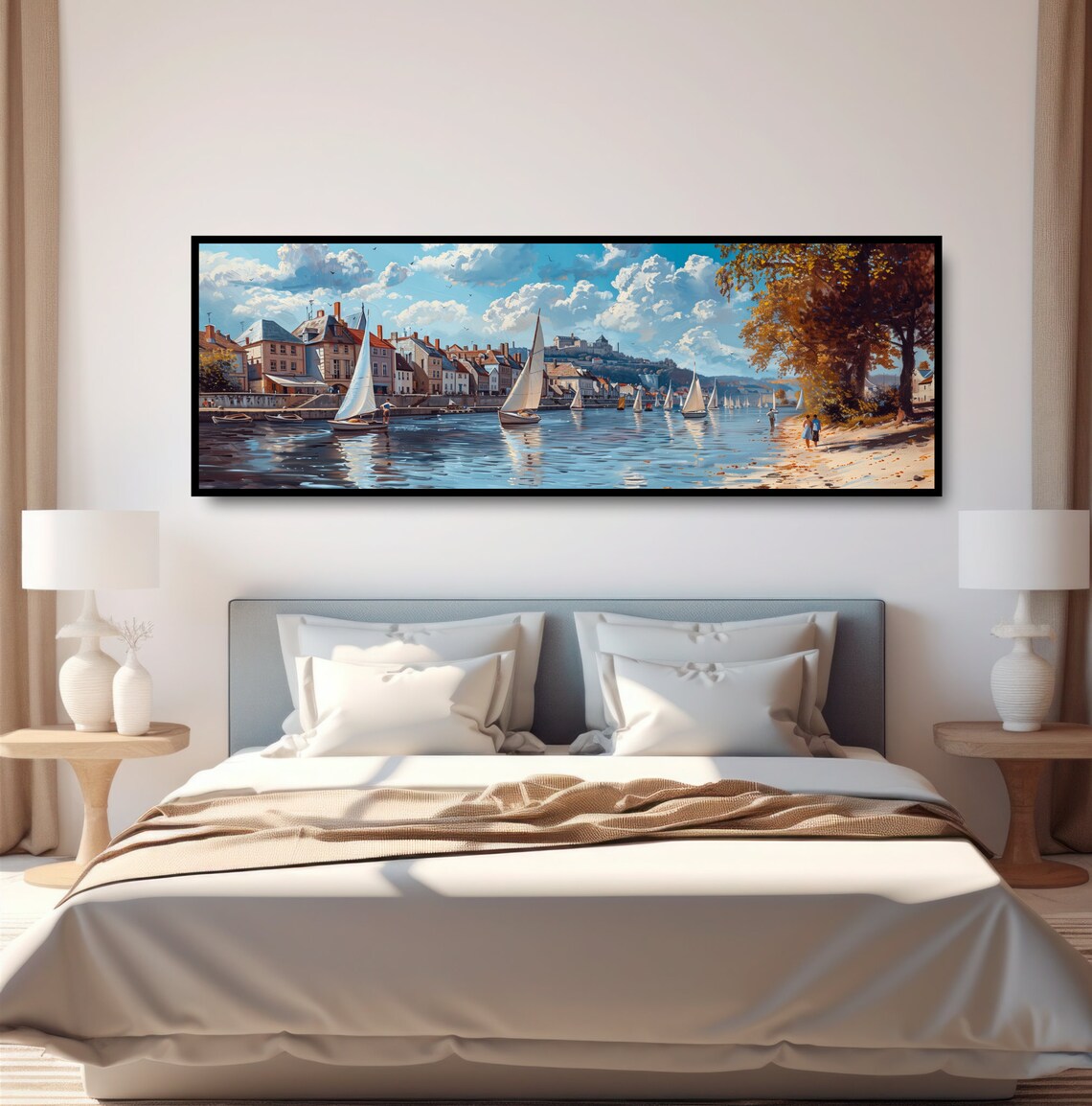 European Riverside Town Sailboats Autumn Harbor Vintage Scene Poster - Image 4