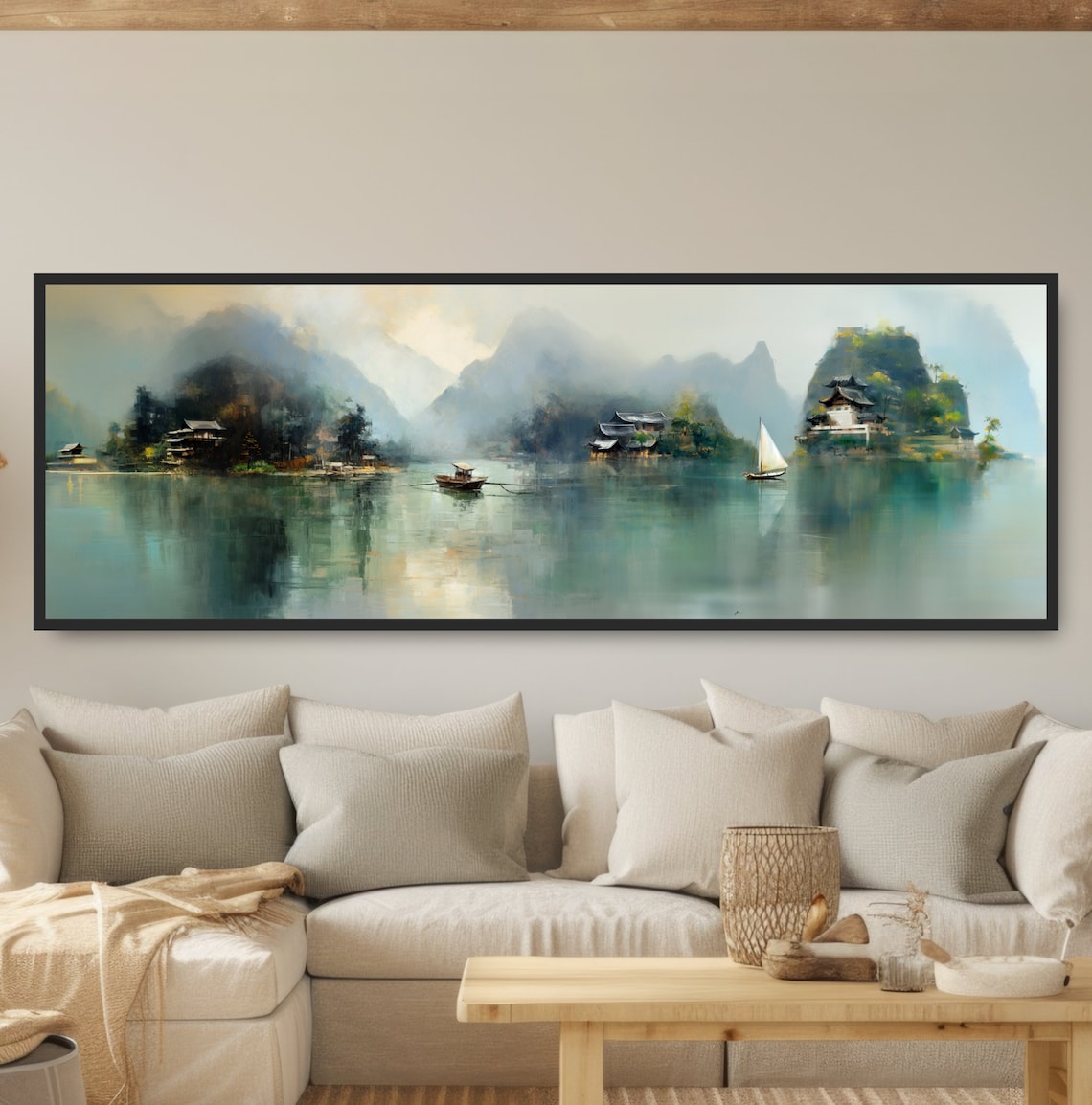 Boats on an Asian Lake, Mountain Island Homes Art Print