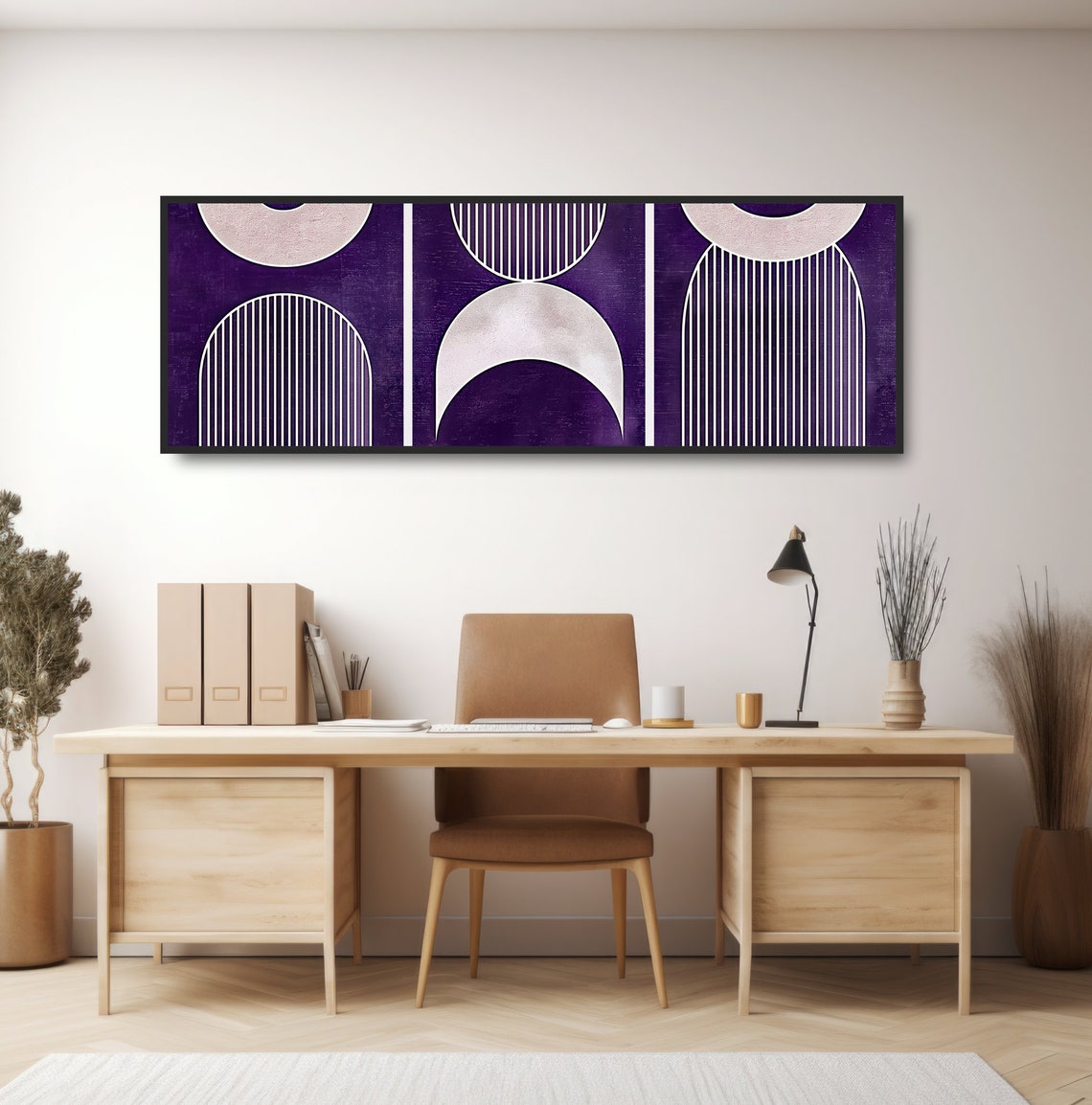 Purple Geometric Modern Art Painting Bold Shapes Abstract Stripes Circles Arches Elegant Vintage Minimalist Panoramic Triptych Design - Image 2