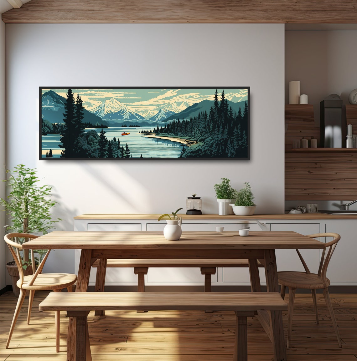 Gift For Kayaker Vintage Mountain River Bold Nature Illustration Large Retro Nostalgic Panoramic Landscape Monochrome Teal Blue Black - Image 4