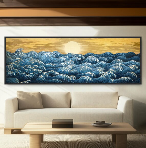 Golden Sun Rising Ocean Waves Japanese Ukiyo E Blue Seascape Poster