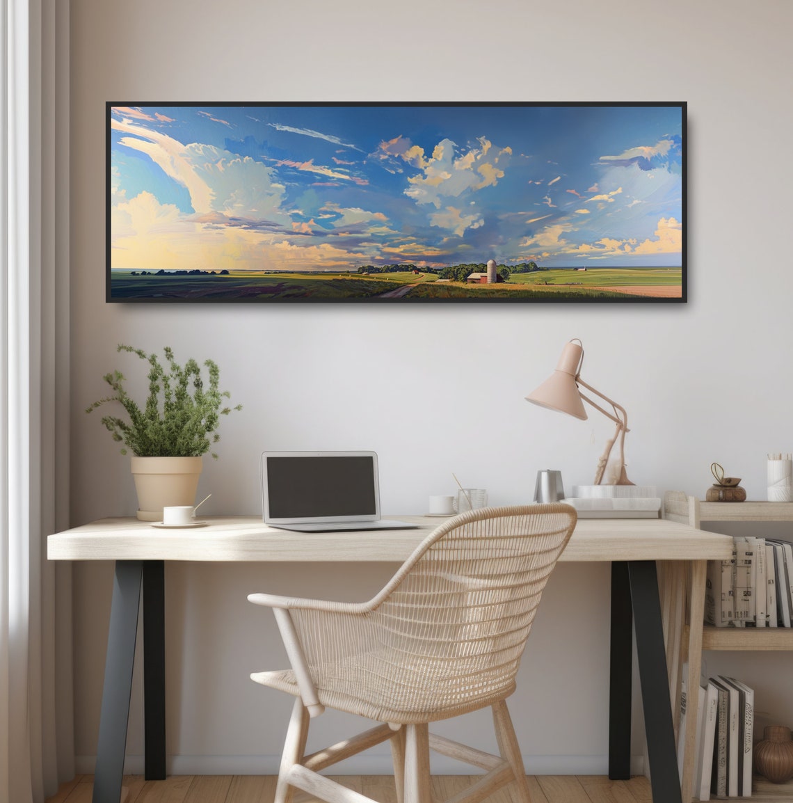 Panoramic Farmland Blue Sky Clouds Barn Silo Rural Painting Poster - Image 2