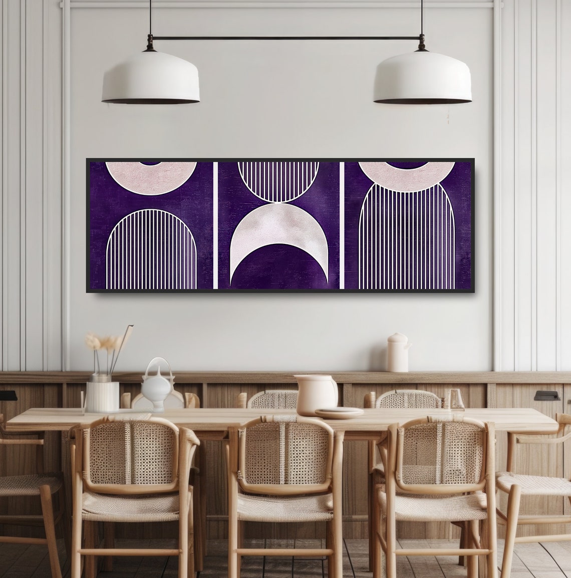 Purple Geometric Modern Art Painting Bold Shapes Abstract Stripes Circles Arches Elegant Vintage Minimalist Panoramic Triptych Design - Image 3