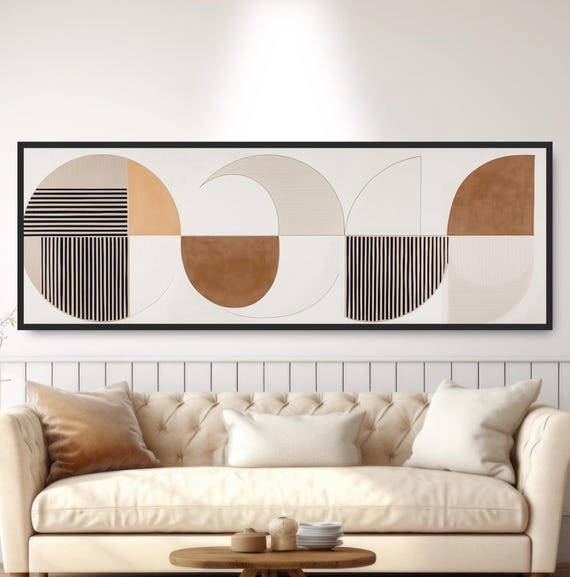 Geometric Boho Abstract Wall Art Neutral Beige Black Tan Panoramic Minimalist Painting Scandi Style Mcm Decor Contemporary Circles