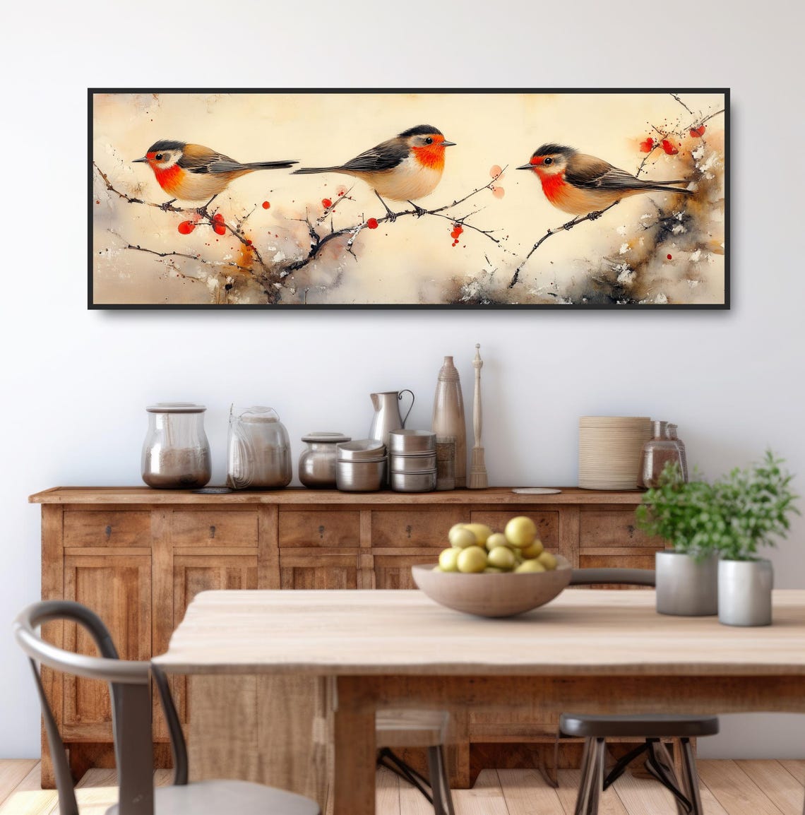 Three Songbirds On Branch Japanese Watercolor Red Breast Bird Poster - Image 3
