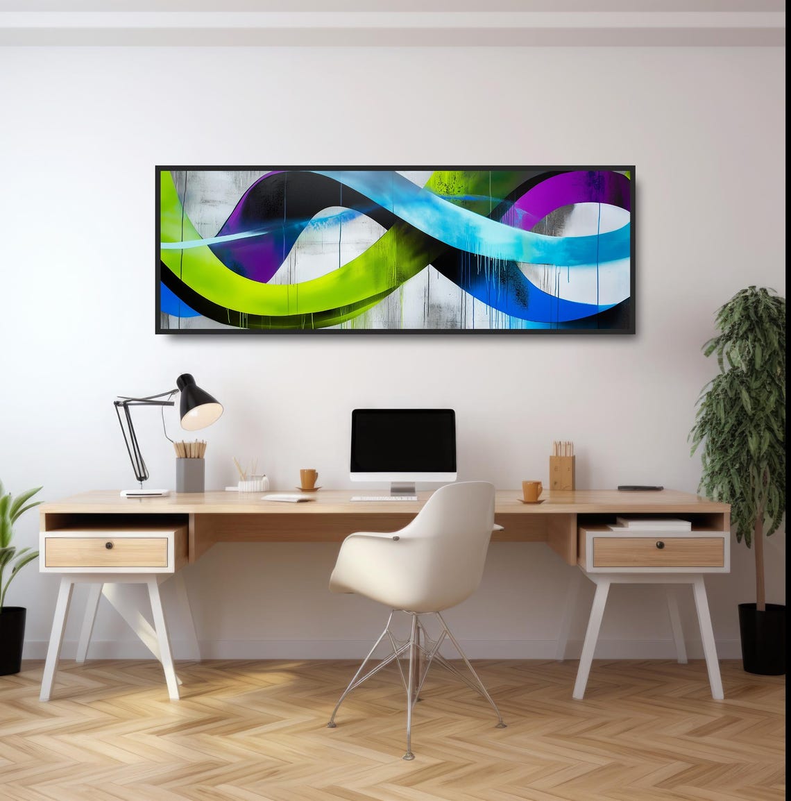 Panoramic Graffiti Waves Neon Green Blue Purple Dripping Paint Poster - Image 2