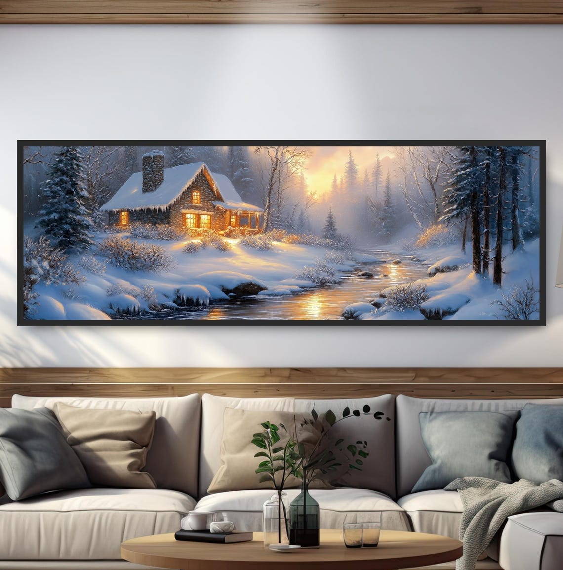 Glowing Winter Stone Cottage Snowy Forest River Landscape Poster
