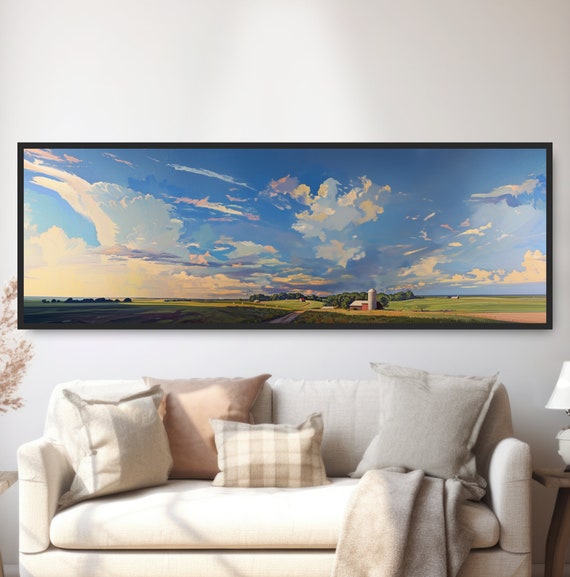Panoramic Farmland Painting Blue Sky Clouds Farm Landscape Vintage Print Wall Art Rural Prairecore Farmhouse Decor Blue White Orange