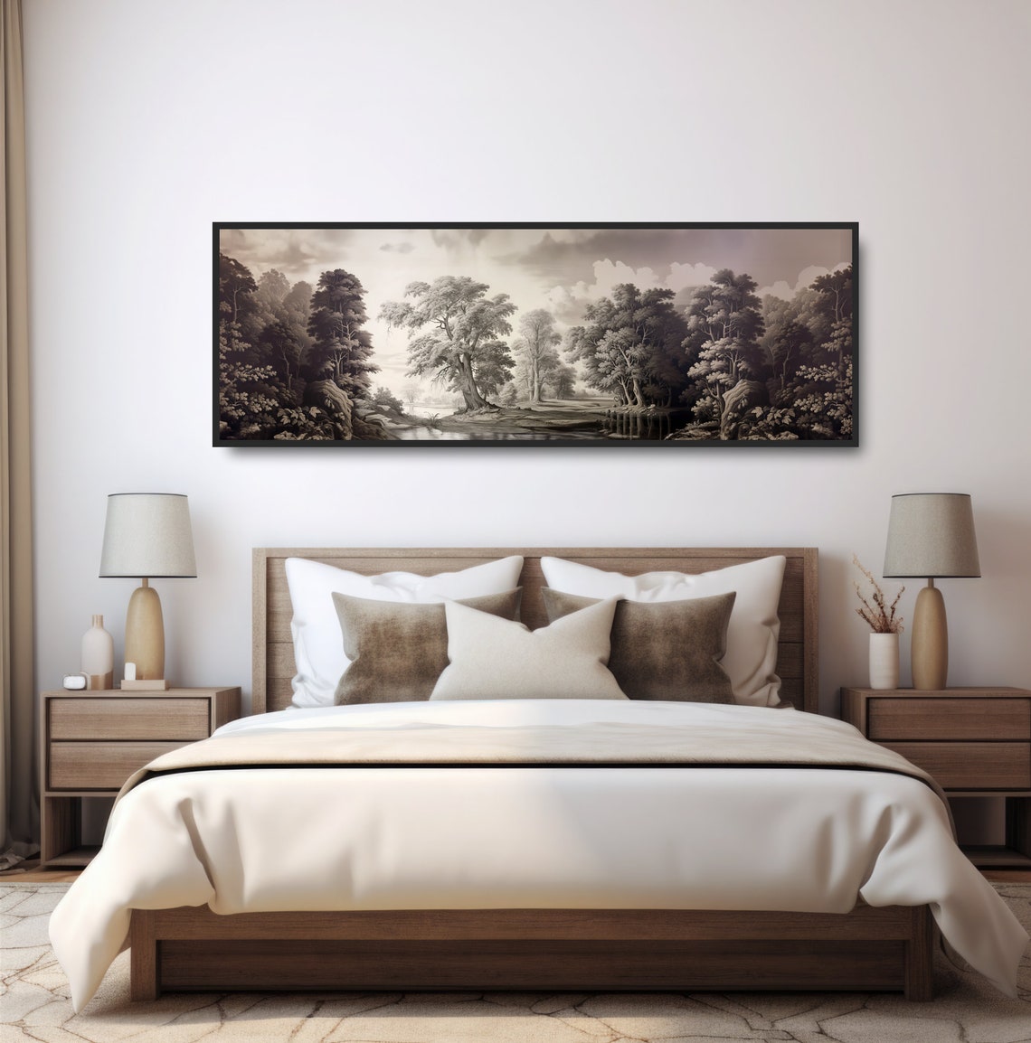 Vintage Black White Country Landscape Etching Trees Pond Wall Poster - Image 5