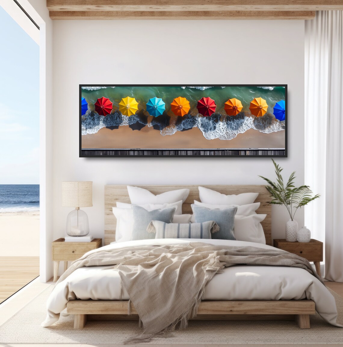 Aerial Colorful Beach Umbrellas Shoreline Waves Birdseye Photo Poster - Image 4