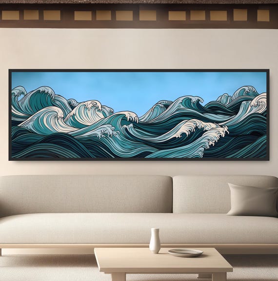 Flowing Ocean Waves Japanese Ukiyo E Print Modern Asian Art Minimalist Seascape Zen Coastal Wall Decor Blue White Teal Panoramic
