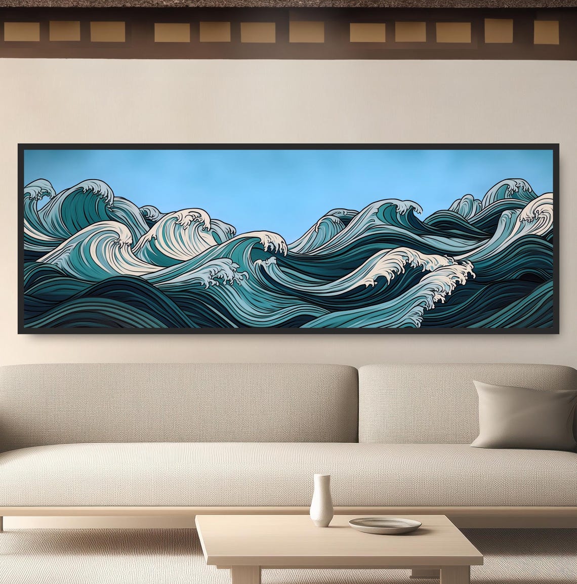 Japanese Ukiyo E Ocean Waves Teal Great Wave Style Wall Art Poster