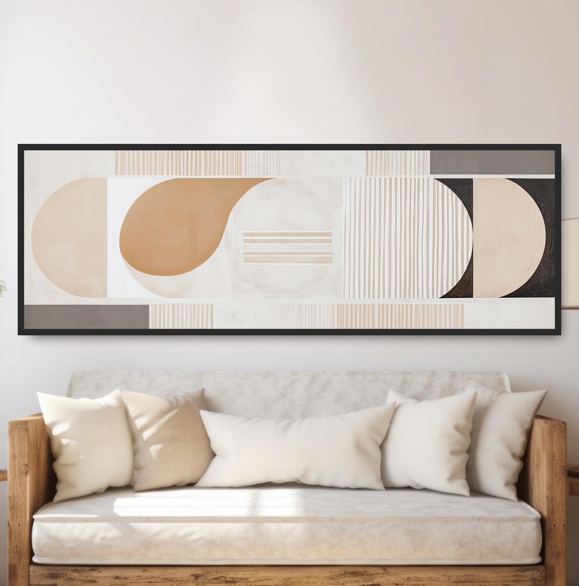 Geometric Curves Painting Print Modern Striped Design Beige Black White Wall Art Minimalist Abstract Panoramic Boho Decor Artwork