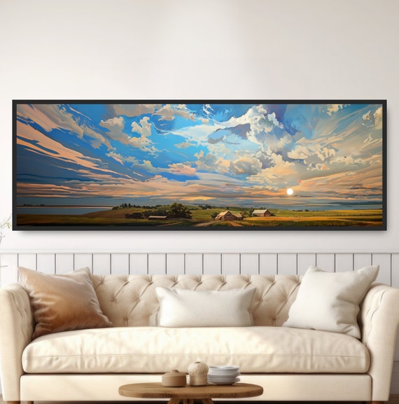 Farm Sunset Clouds Painting Rural Poster Art Countryside Prairecore Farmhouse Wall Decor Blue Sky White Beige Panoramic Landscape