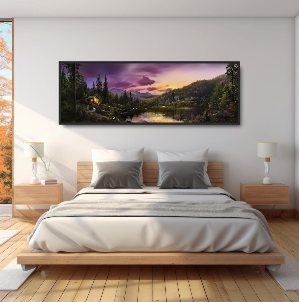 Rustic Lake Cabin Cozy Sunset Panoramic Tranquil Purple Sky Wall Art - Image 4
