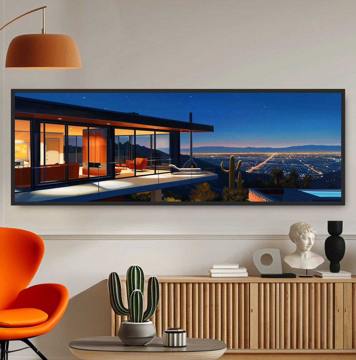 Midcentury Modern City At Night, Retro Architecture Art Print