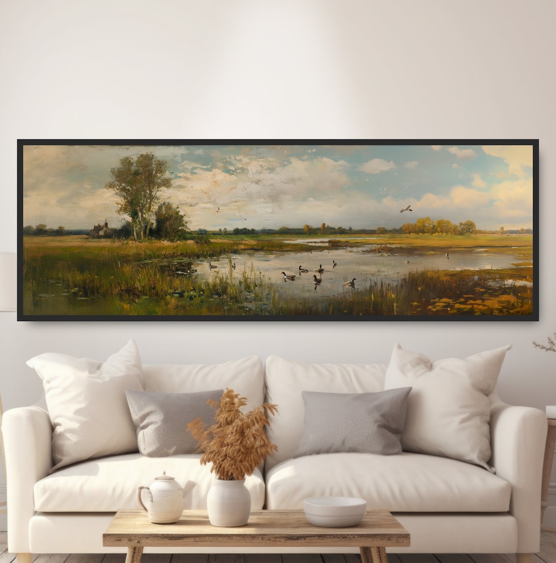 Duck Pond Panoramic Oil Painting Art Print, Rustic