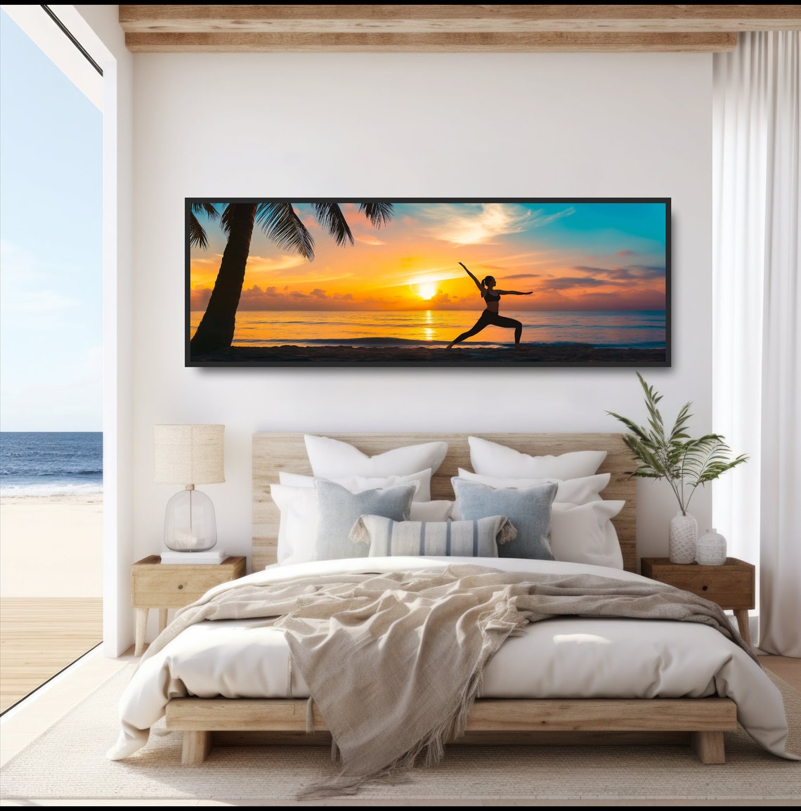 Golden Sunset Beach Yoga Warrior Pose Palm Tree Silhouette Poster - Image 4