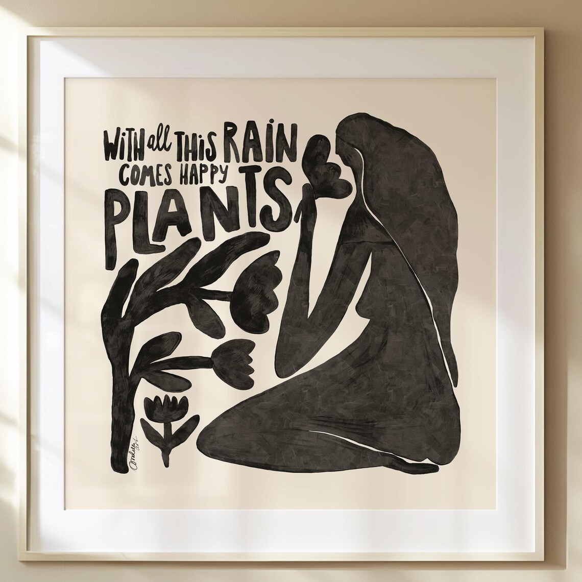 Abstract Botanical Art Print, Black Beige Flowers