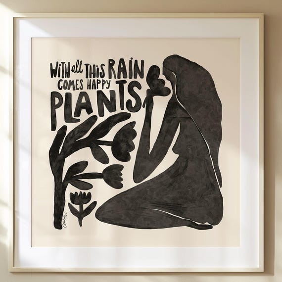 Abstract Botanical Art Print, Black Beige Flowers