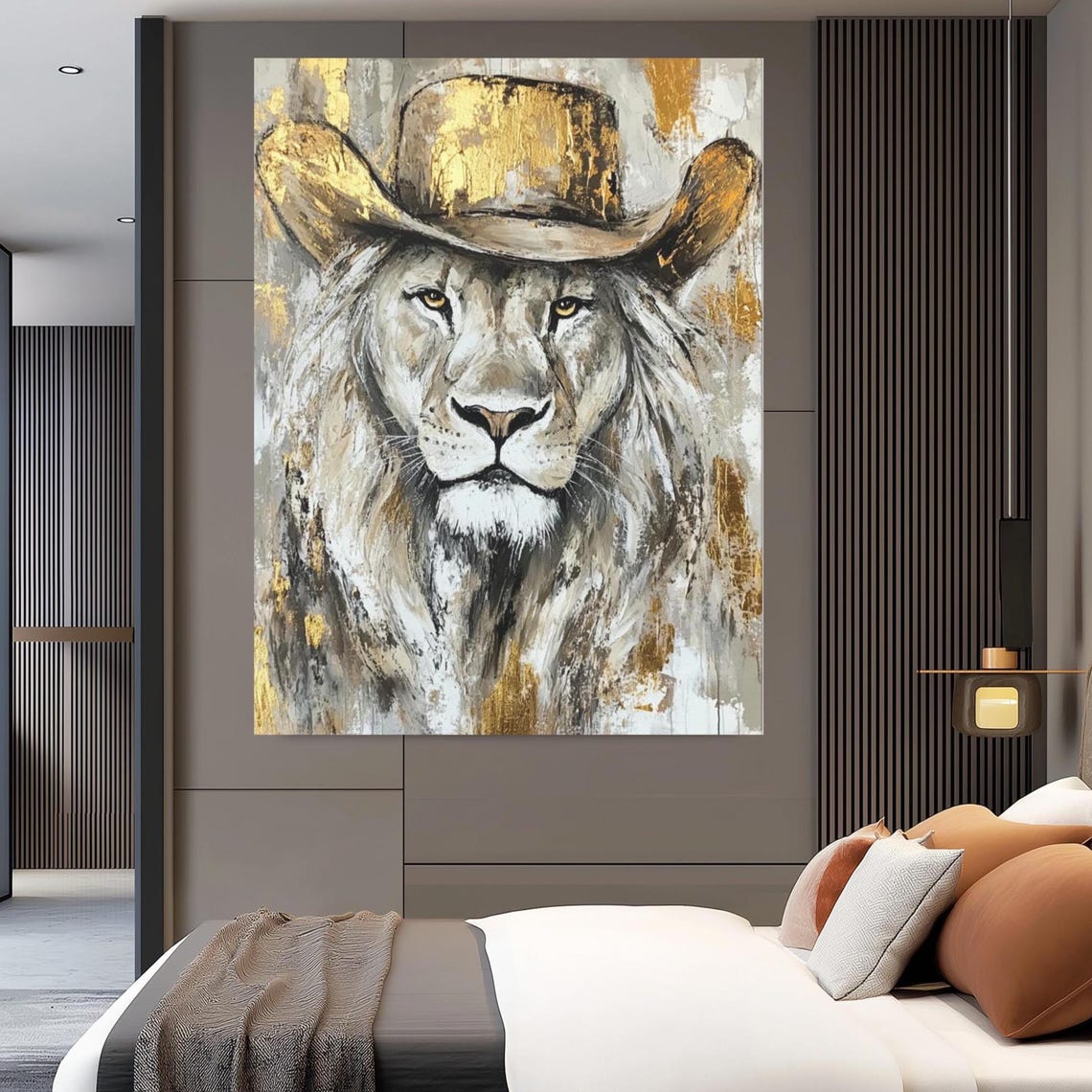 Cowboy Lion Canvas Print Rustic Western Animal Wall Art