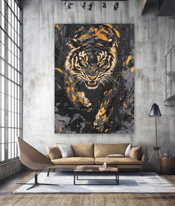 Luxury Tiger Wall Art Bold Jungle Decor Canvas Powerful Animal Painting Modern Masculine Statement Black Gold Large Artwork