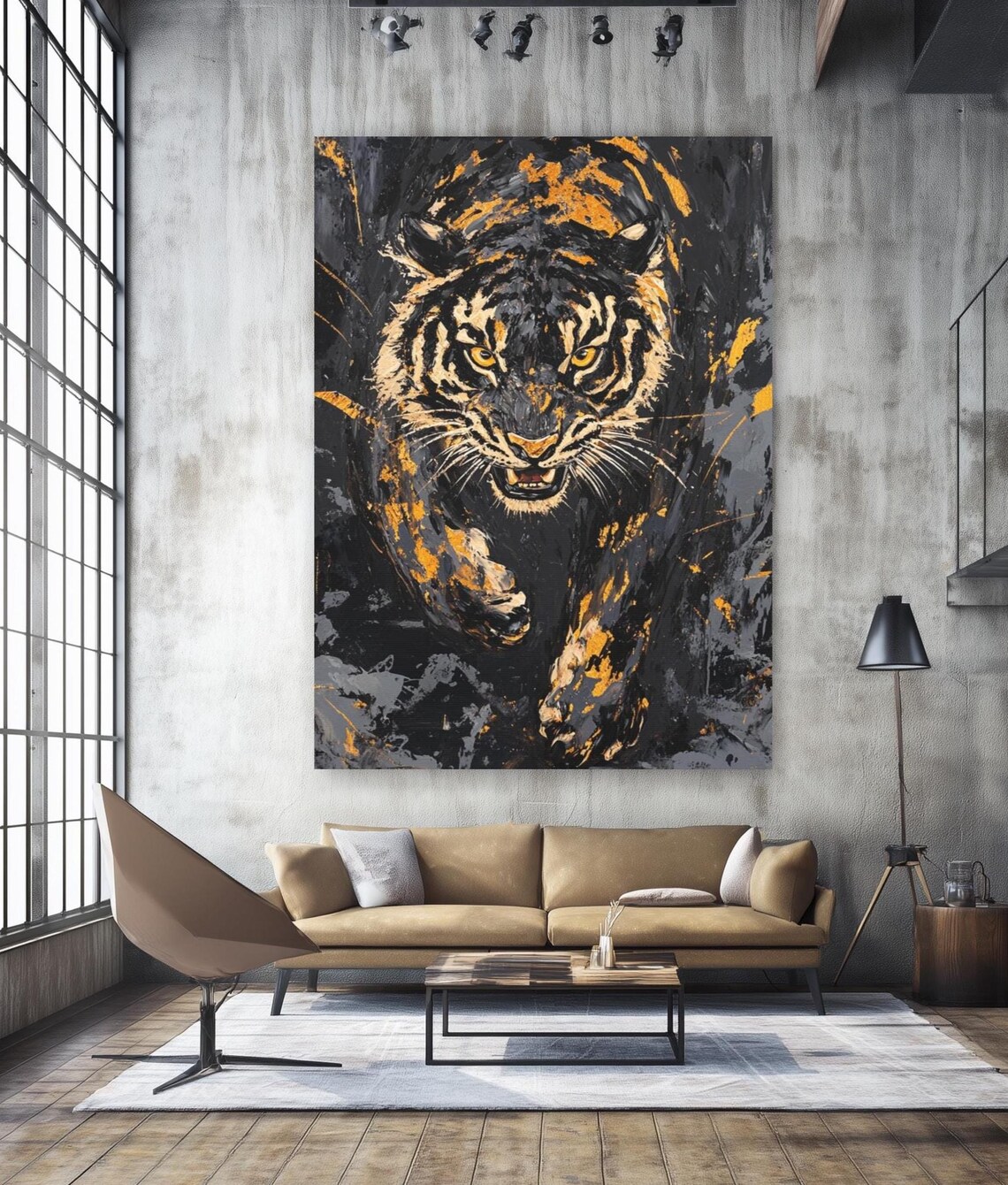 Prowling Tiger Black Gold Abstract Canvas Art Powerful Jungle Wildlife Poster