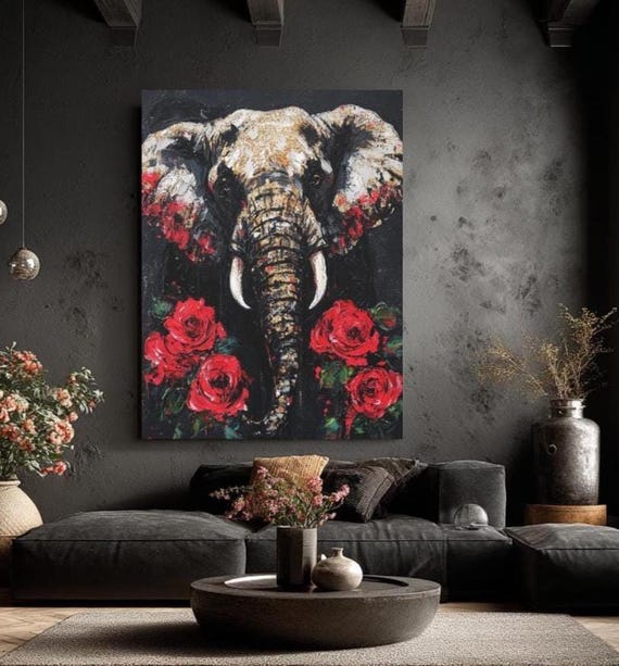 Elephant Canvas Wall Art Safari Jungle Animal Painting With Red Roses Regal Glam Decor For Luxury Living Rooms Offices Modern