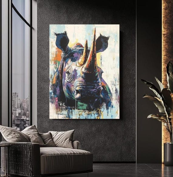 Rhino Wall Art Abstract Canvas Colorful Animal Decor Modern Wildlife Painting Safari Gift For Him Her Office Print