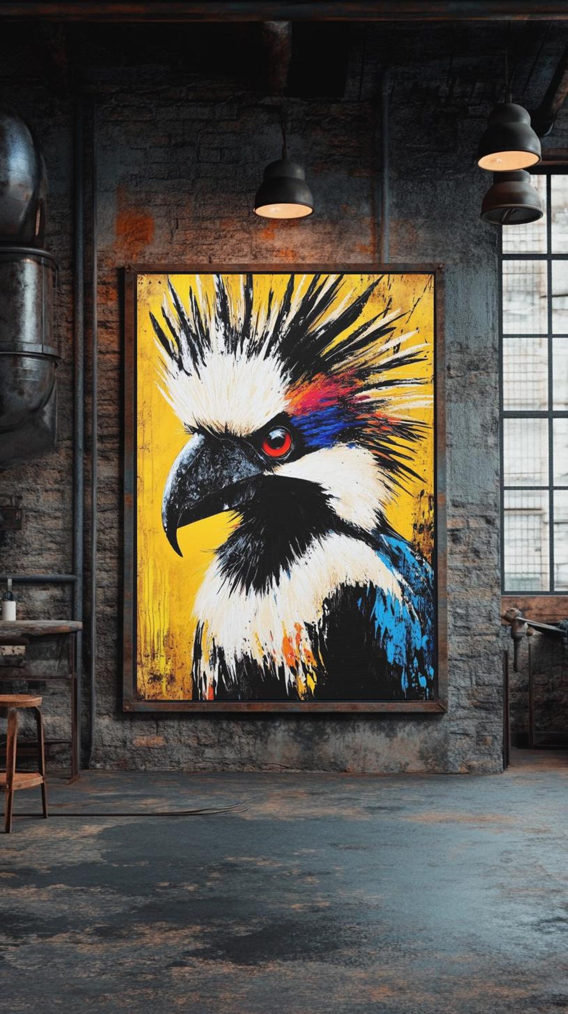 Striking Punk Rock Bird Painting Yellow Background Wildlife Wall Art