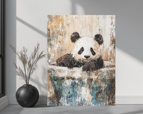 Cute Panda Wall Art Rustic Canvas Print Farmhouse Bathroom Nursery Animal Decor Baby Painting Neutral