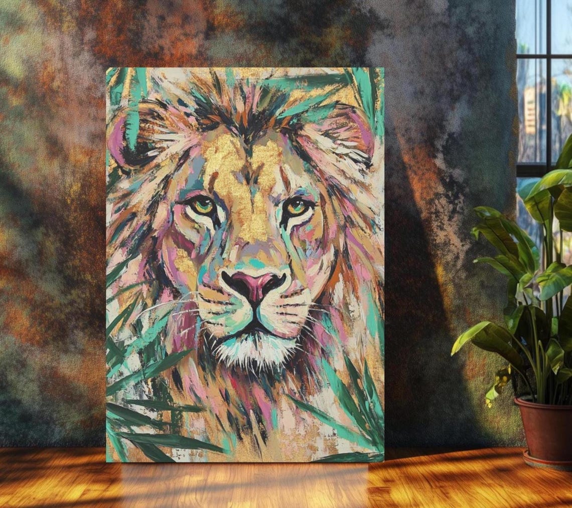 Colorful Lion Portrait Painting Gold Pink Teal Jungle Wall Art